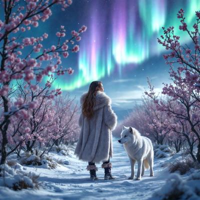 The primary subject of the image is a woman standing in the snow, accompanied by a white dog. The setting is a snowy path surrounded by trees, creating a serene and wintry atmosphere. The visual style is a digital art, with the woman and dog depicted in a realistic manner. The colors and mood of the image are predominantly white and cold, reflecting the snowy environment and the woman's attire, which includes a white coat.